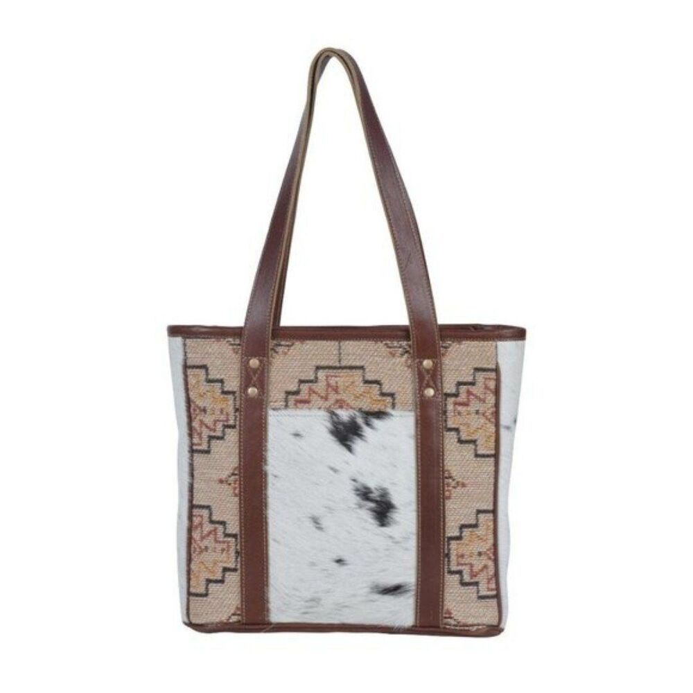 Myra Bag Handmade Sculptural Tote Bag Upcycled Canvas & Cowhide Leather - Picture 6 of 7
